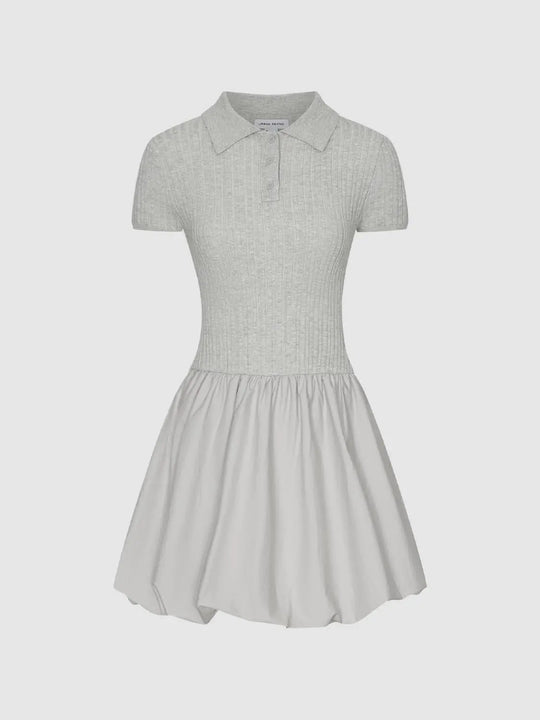 Polo Neck Short Sleeve Balloon Hem Knitted Mini Dresses