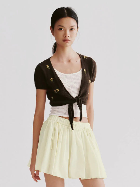 Embroidered Tie Front Cropped Knit Cardigans