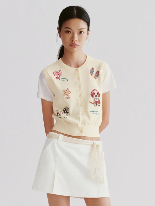 Patchwork Embroidered Knitted Short Sleeve Cardigan