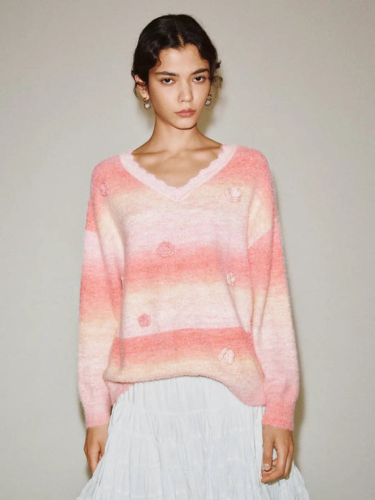 Floral Gradient V-Neck Long Sleeve Sweater