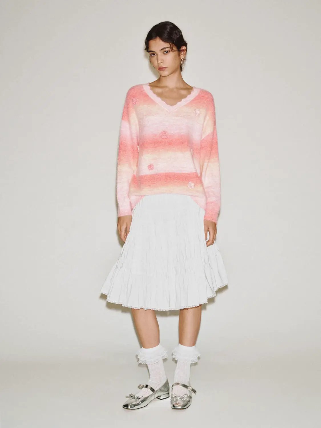 Knit T-Shirts by Urban Revivo Fashion, pink gradient striped sweater with V-neck and floral embroidery