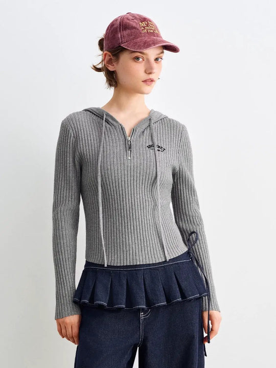 Fitted Ribbed Pleated Half-zip Long Sleeve Hoodie