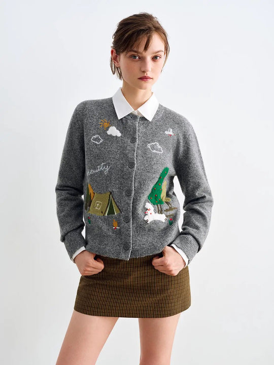 Embroidered Long Sleeve Ribbed Knit Cardigan
