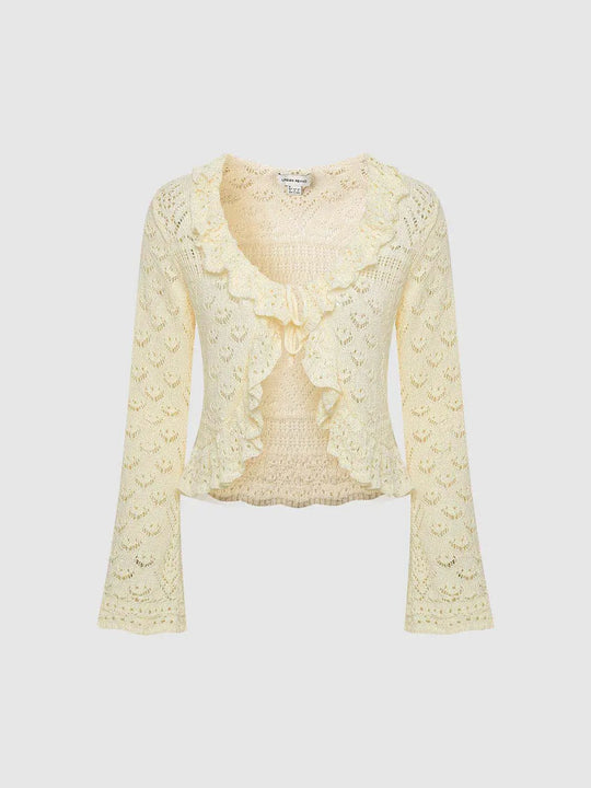 Crochet Lace Ruffle Cropped Flared Cardigan