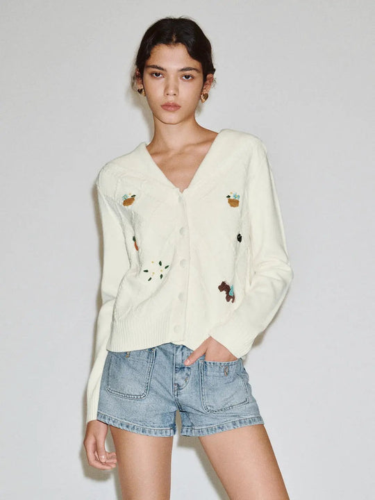 Textured Embroidered V-neck Long Sleeve Knit Cardigan