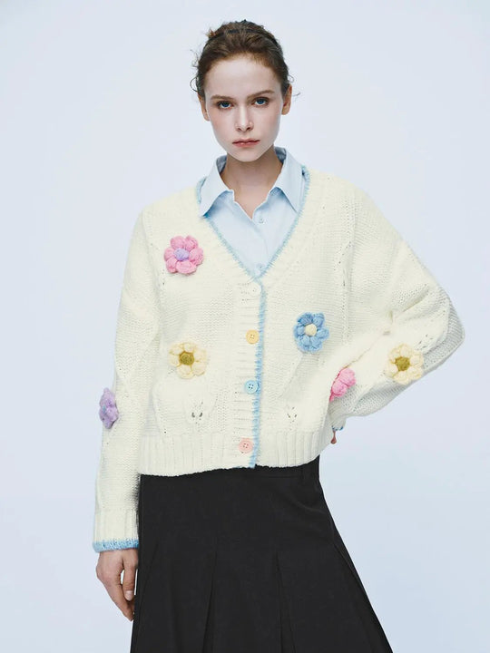 Colorful Floral Ribbed V-Neck Long Sleeve Cardigan