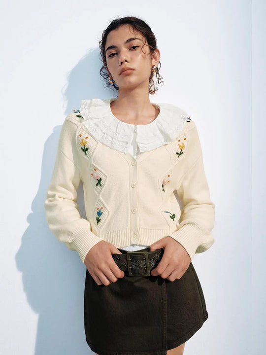 Floral Embroidered Long Sleeve Cotton Blend Cardigan
