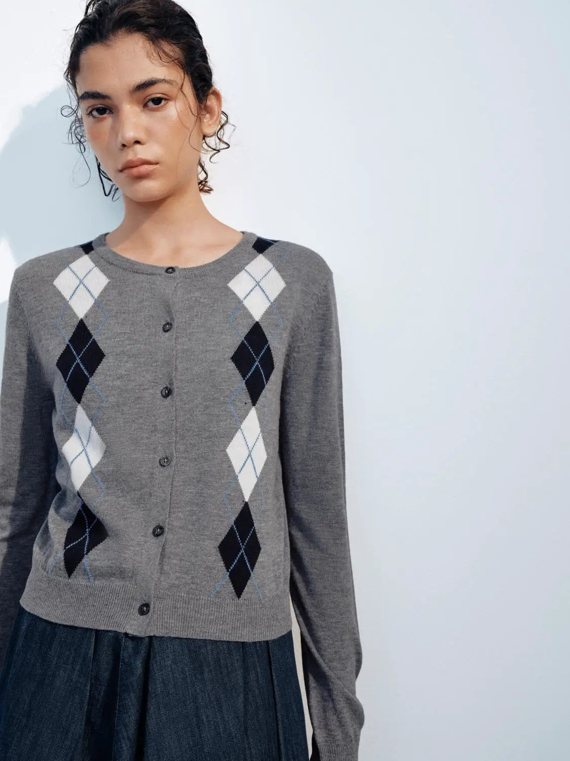 Knit Jacket in gray knit with white and navy argyle diamonds, button-front