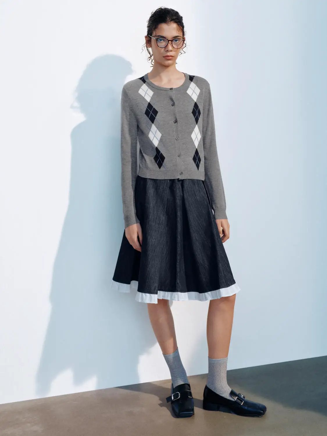 Knit Jacket, grey knitted cardigan with navy and white argyle pattern and button front