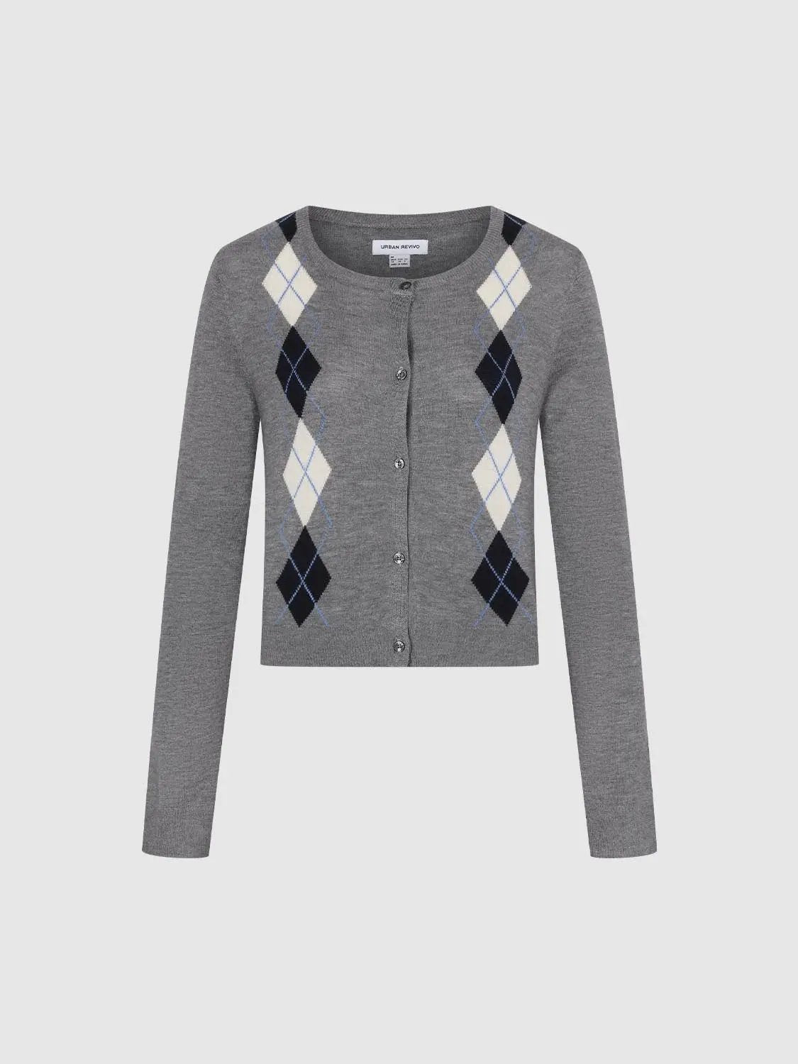 Knit cardigan by Urban Revivo Fashion in grey with white and navy argyle pattern, button front