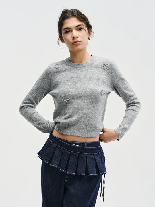 Floral Ribbed Hem Crew Neck Long Sleeve Knit Sweater