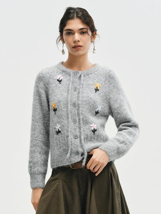 Floral Embroidered Long Sleeve Round Neck Cardigan
