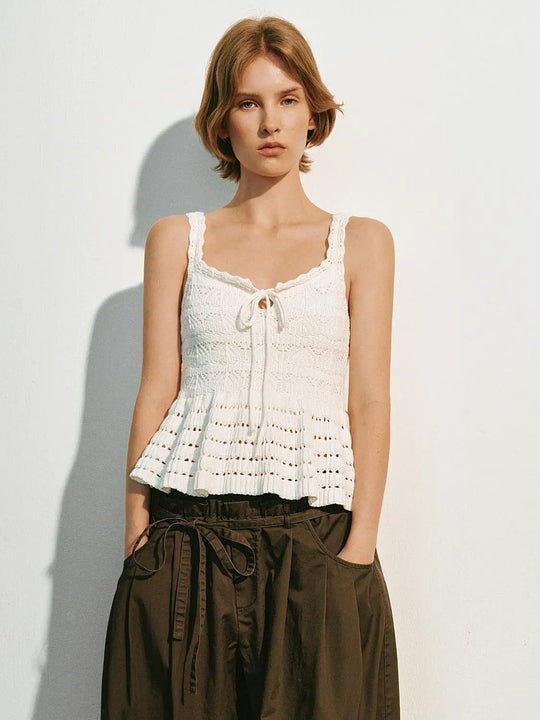 Crochet Knit Cotton Tie Front Eyelet Tank Top