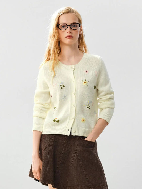 Ribbed Embroidered Floral Crew Neck Long Sleeve Cardigan