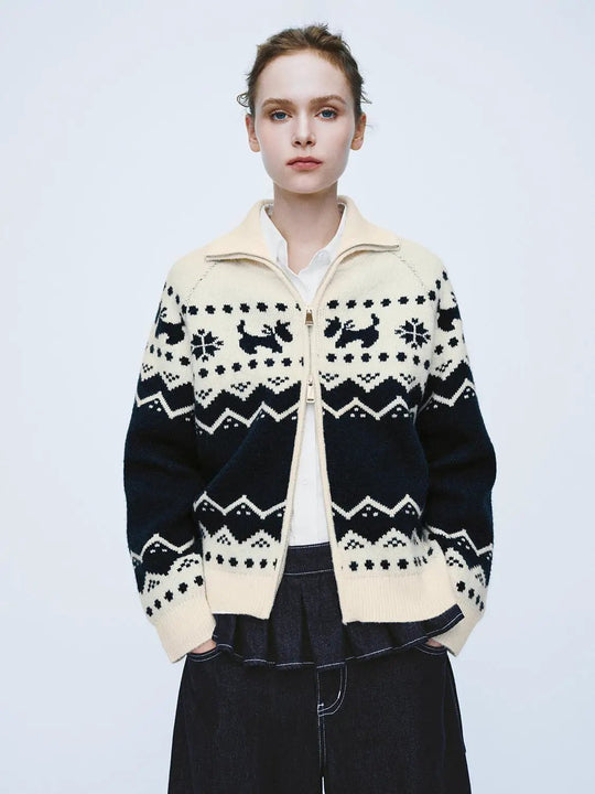 Zip Front Stand Collar Fair Isle Long Sleeve Jacket