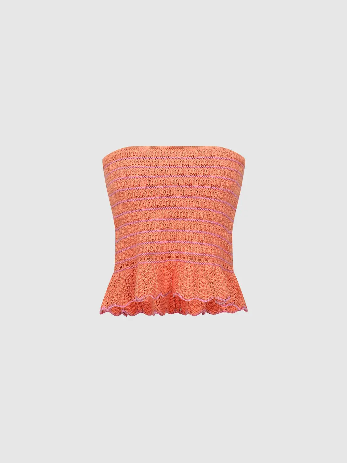 Knit T-Shirt strapless top in coral with pink stripes and scalloped hem
