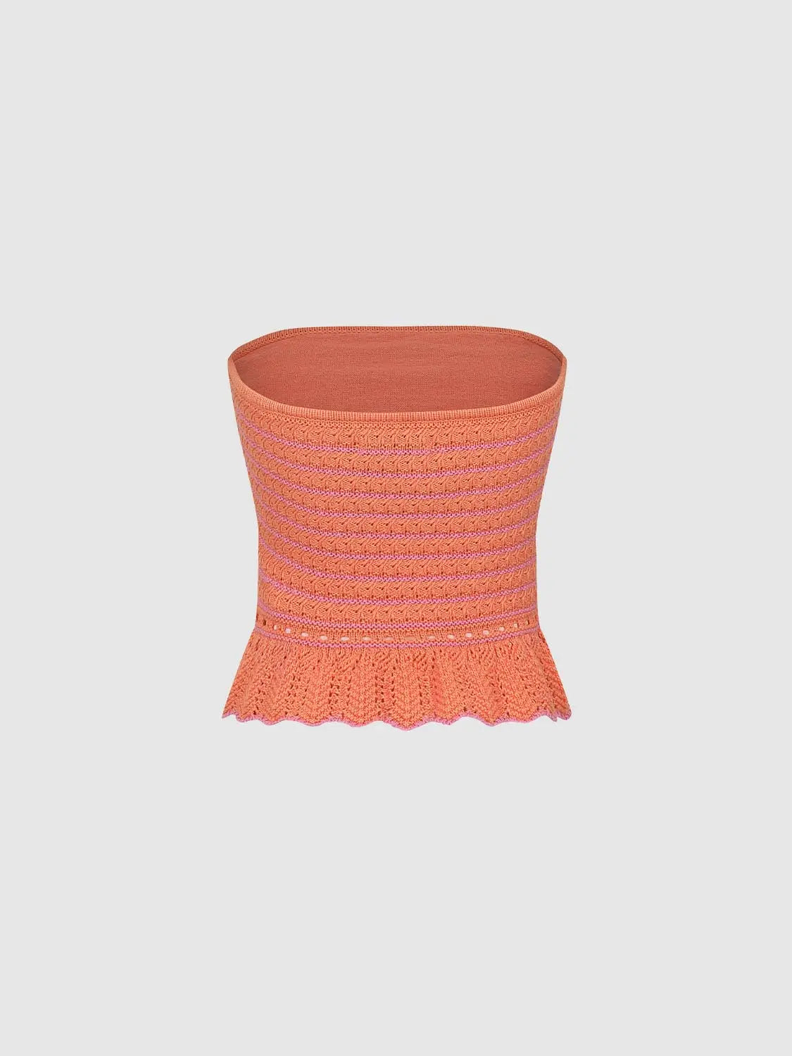 Knit T-Shirt in coral orange with ribbed knit pattern and scalloped hem.