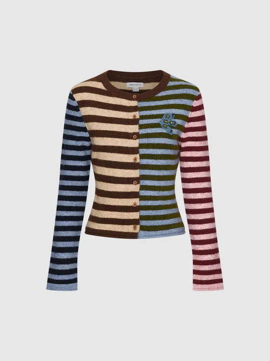 Embroidered Striped Knit Crew Neck Long Sleeve Cardigan