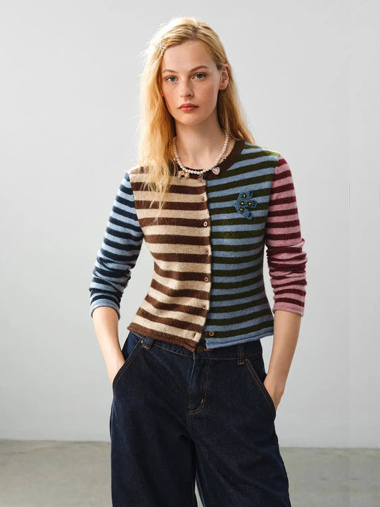 Embroidered Striped Knit Crew Neck Long Sleeve Cardigan