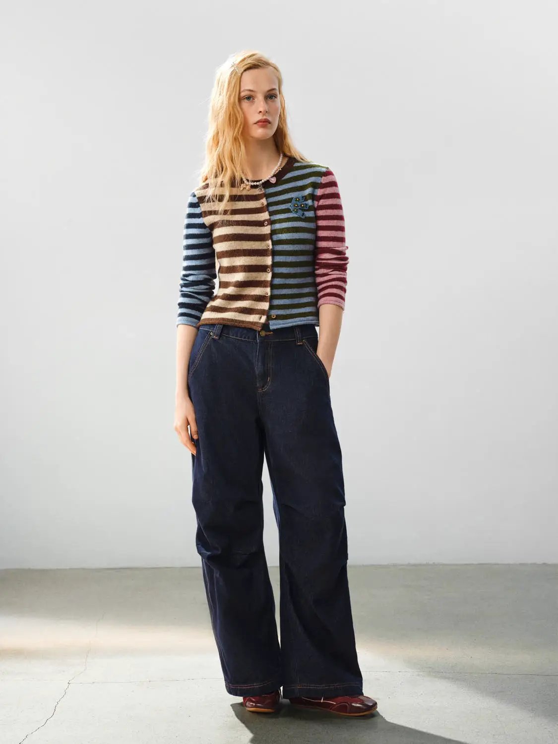 Embroidered striped knit cardigan with crew neck, multicolor stripes, button-front long sleeve