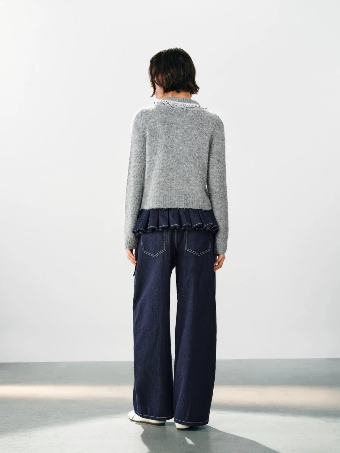 Floral Embroidered Ruffle Collar Long Sleeve Cardigan, light gray knitted cardigan with ribbed cuffs.