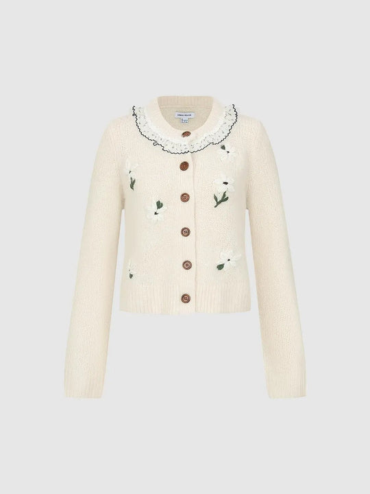 Floral Embroidered Ruffle Collar Long Sleeve Cardigan