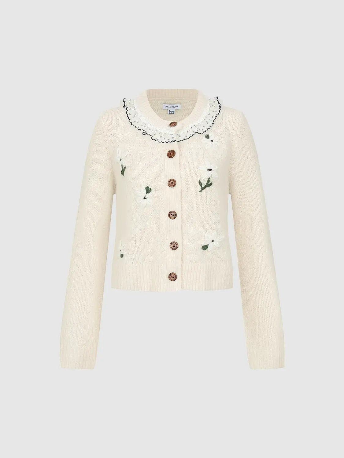 Floral Embroidered Ruffle Collar Cardigan, cream knit with brown buttons and long sleeves