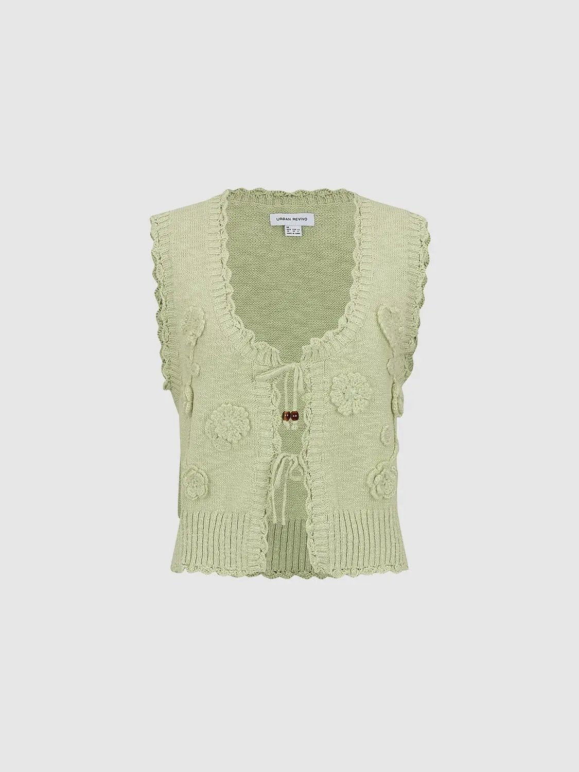 Floral ruffle tie V-neck sleeveless cotton vest, pale green knit by Urban Revivo