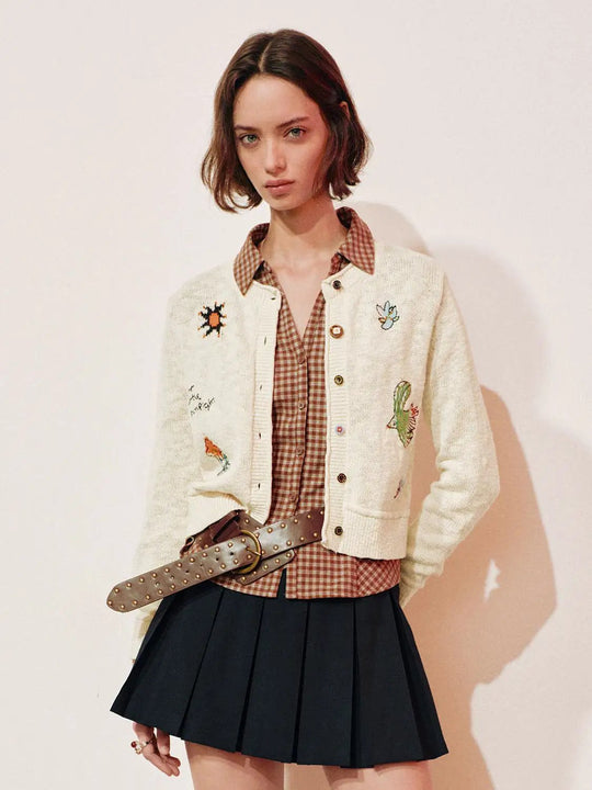 Embroidered Crew Neck Long Sleeve Cotton Cardigan