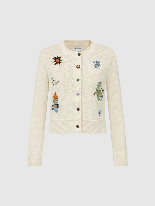 Embroidered Crew Neck Long Sleeve Cotton Cardigan