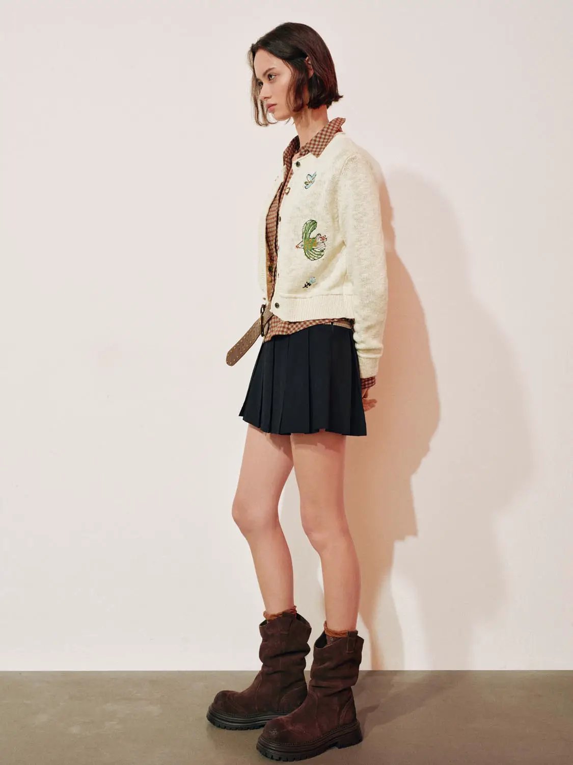 Embroidered cream crew-neck long-sleeve cotton cardigan