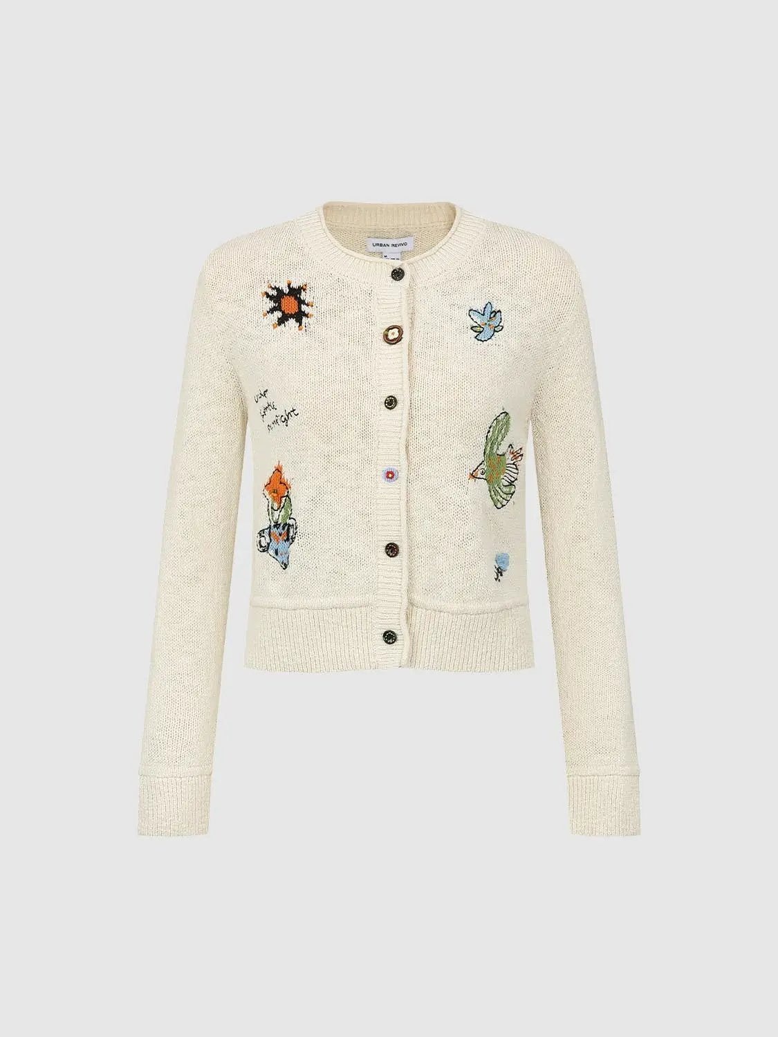 Embroidered cream cotton cardigan by Urban Revivo with colorful patches, crew neck, long sleeves, button front