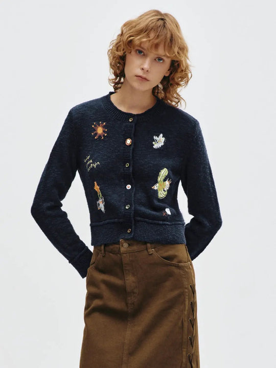 Embroidered Crew Neck Long Sleeve Cotton Cardigan