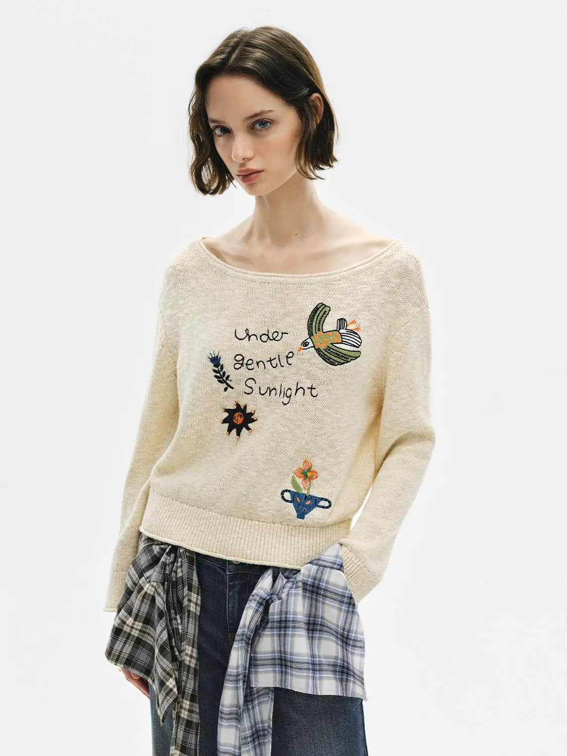 Text embroidered boat-neck long-sleeve cotton sweater in cream by Urban Revivo Fashion