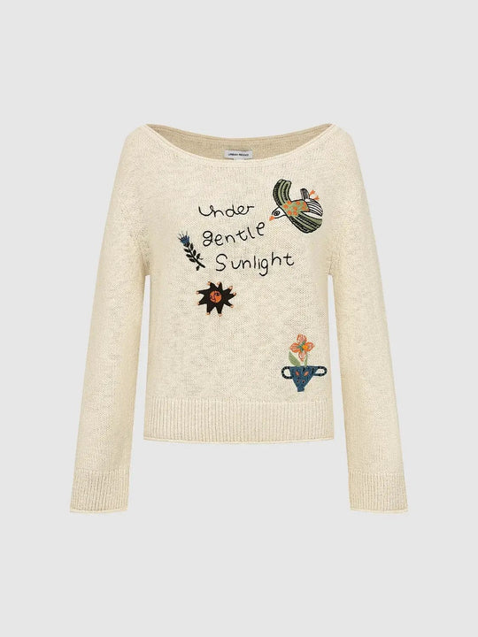 Text Embroidered Boat Neck Long Sleeve Cotton Sweater