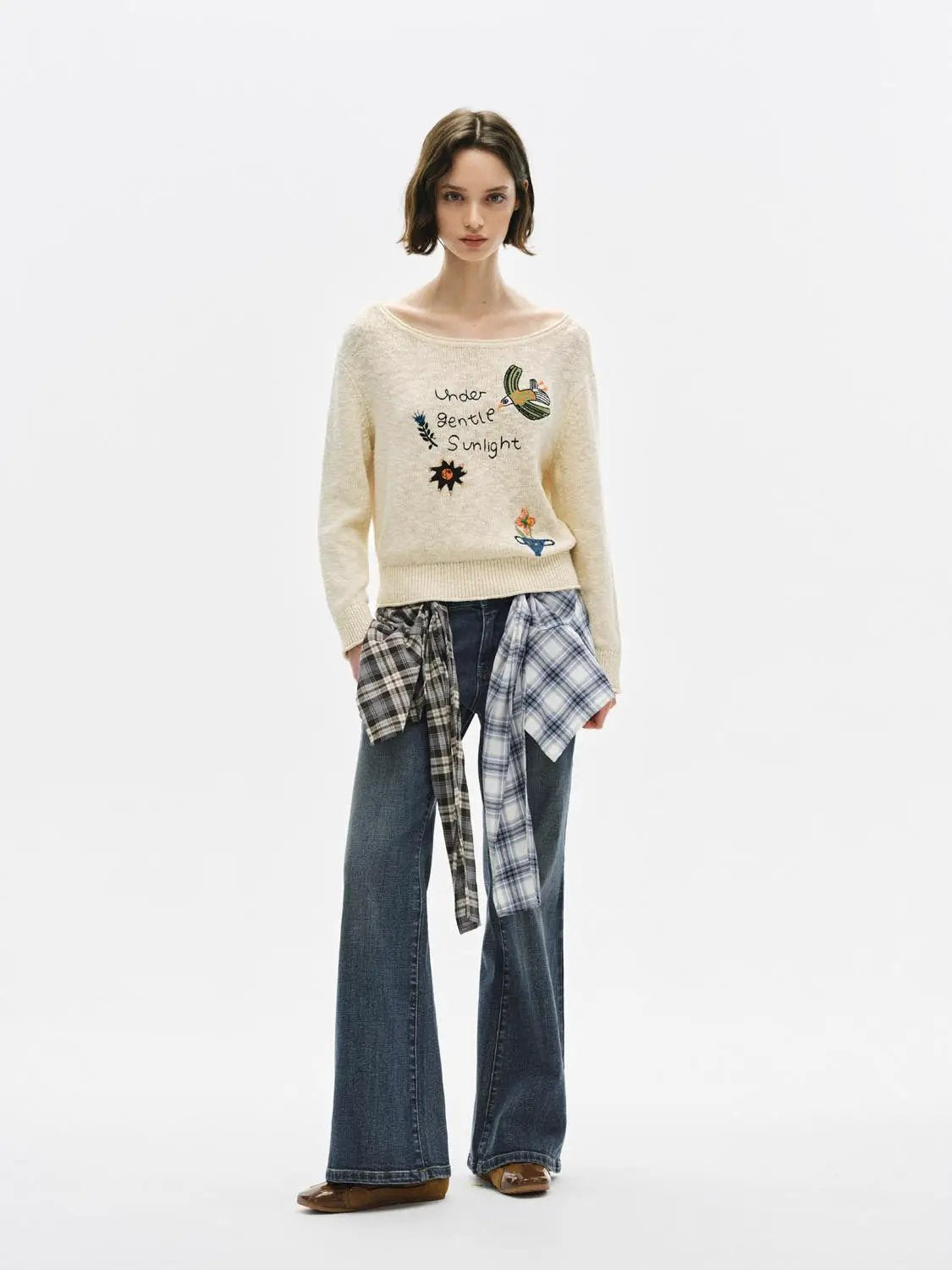 Text Embroidered Boat Neck Long Sleeve Cotton Sweater in cream with colorful embroidery.
