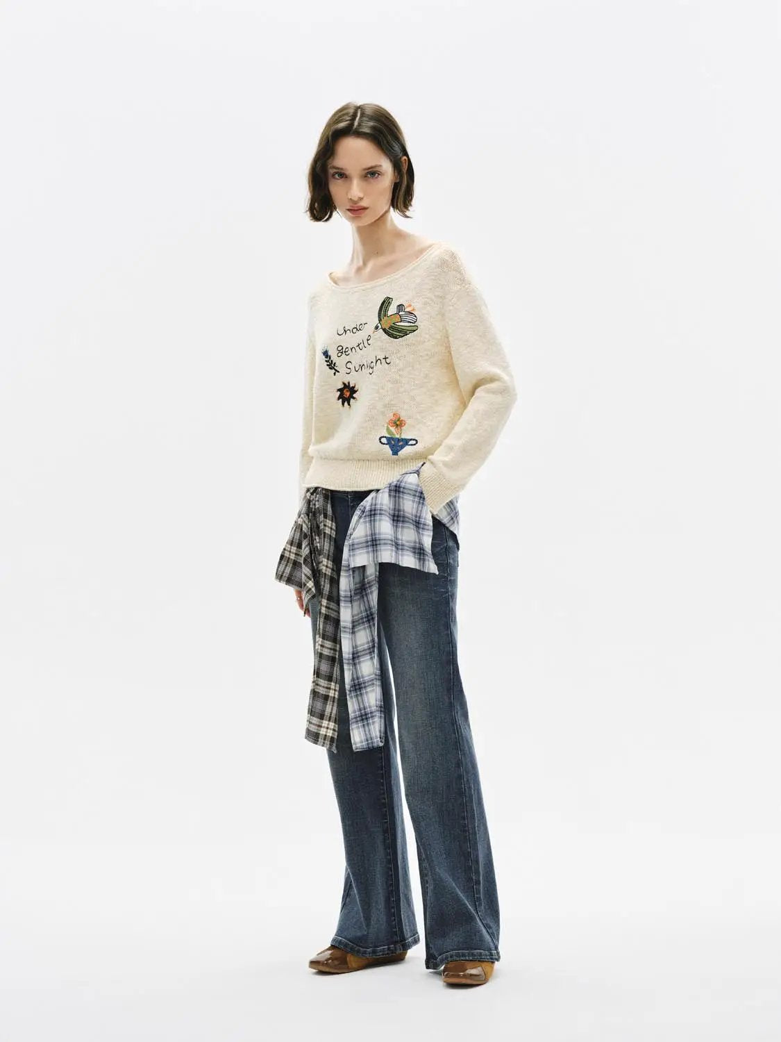 Text-embroidered boat-neck long-sleeve cotton sweater in cream with colorful embroidery