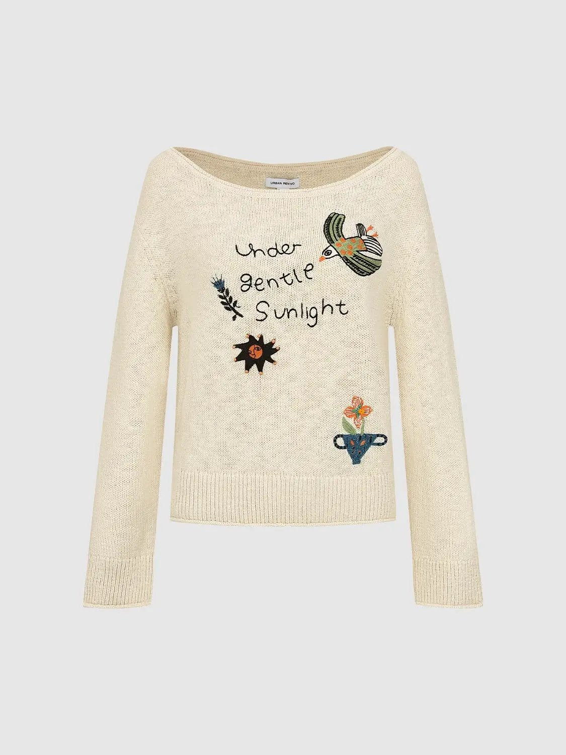 Cream boat-neck knit cotton sweater by Urban Revivo with Under gentle sunlight embroidery and bird, sun, and vase motifs