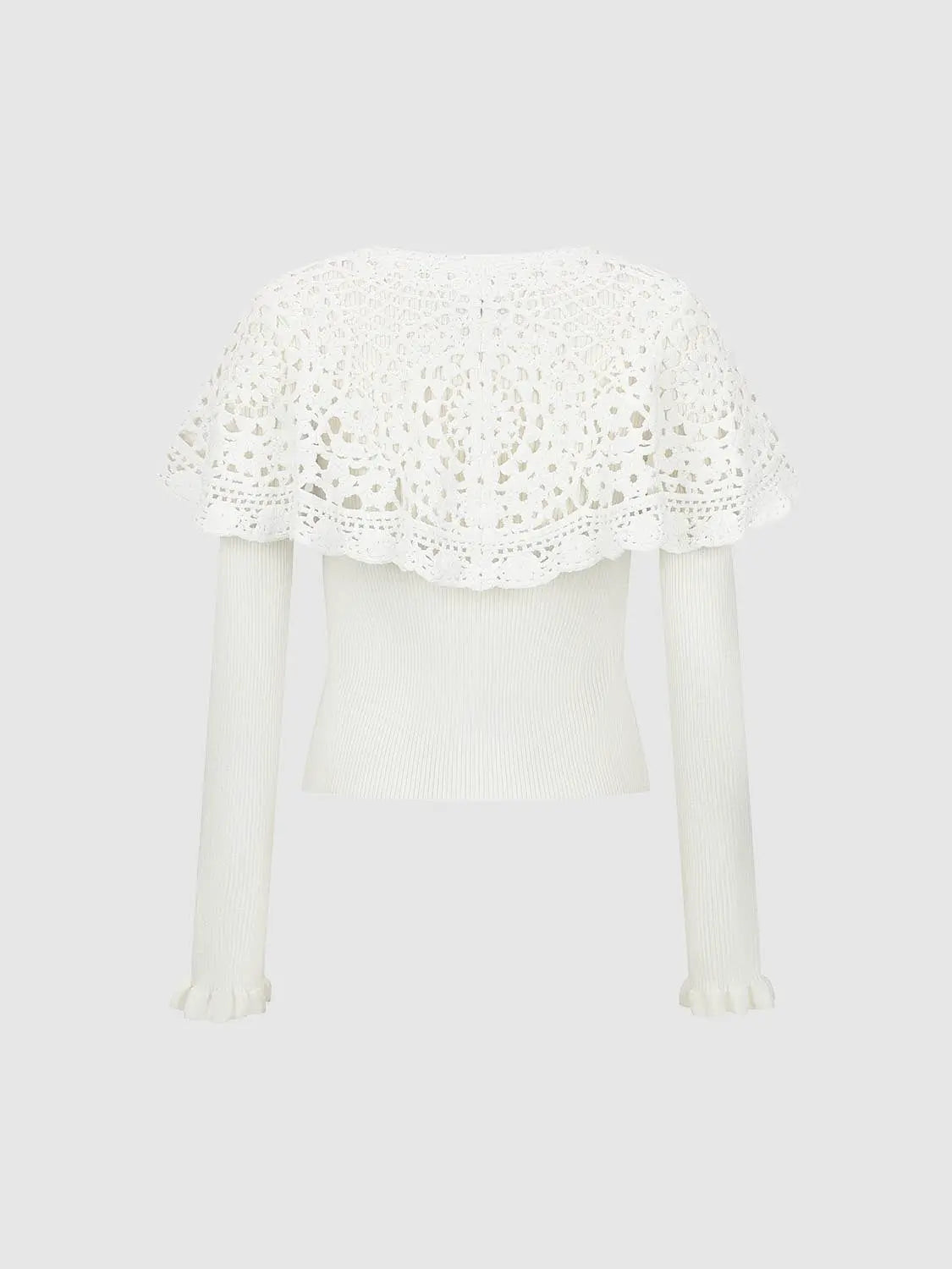 Knit Jacket in ivory with crochet lace yoke and ribbed sleeves