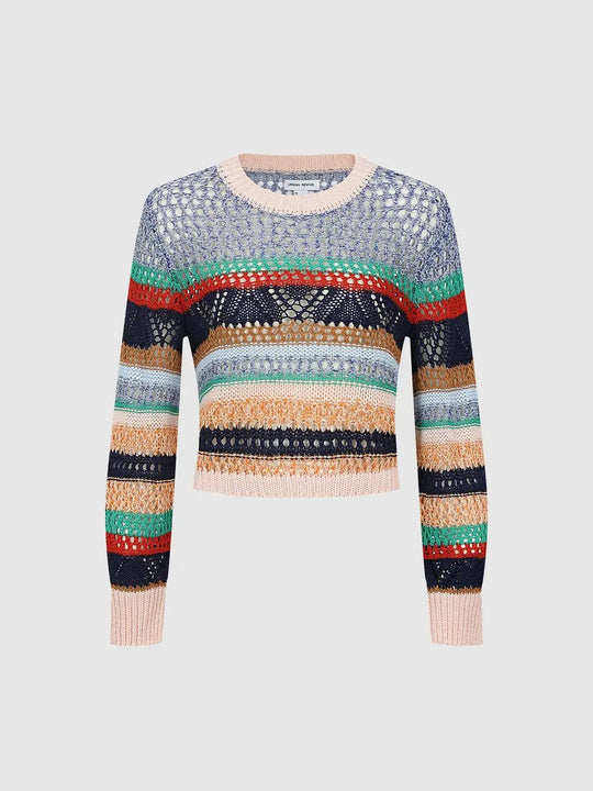 Cropped Multicolor Striped Open Knit Crew Neck Long Sleeve Sweater