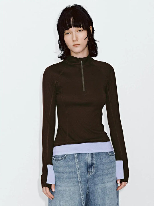 Fitted Zip Neck Long Sleeve Knit T-shirt
