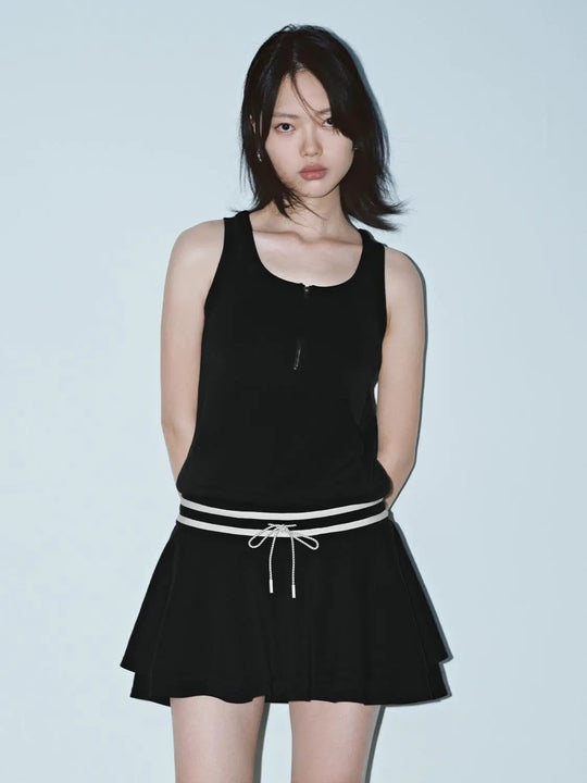 Black Zip Front Sleeveless A-Line Midi Dresses With Stretch Fabric Tank Top