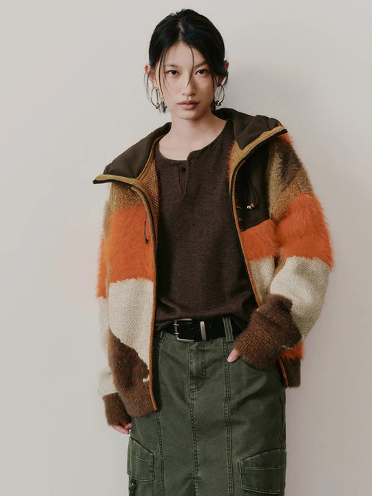 Hooded Zip Textured Color Block Knit Long Sleeve Jacket