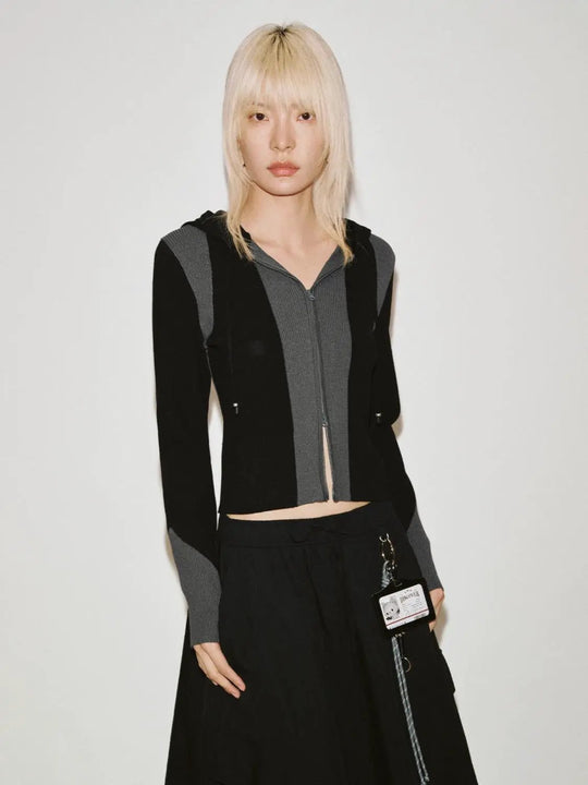 Colorblock Ribbed Zip Front Hooded Knit Jacket
