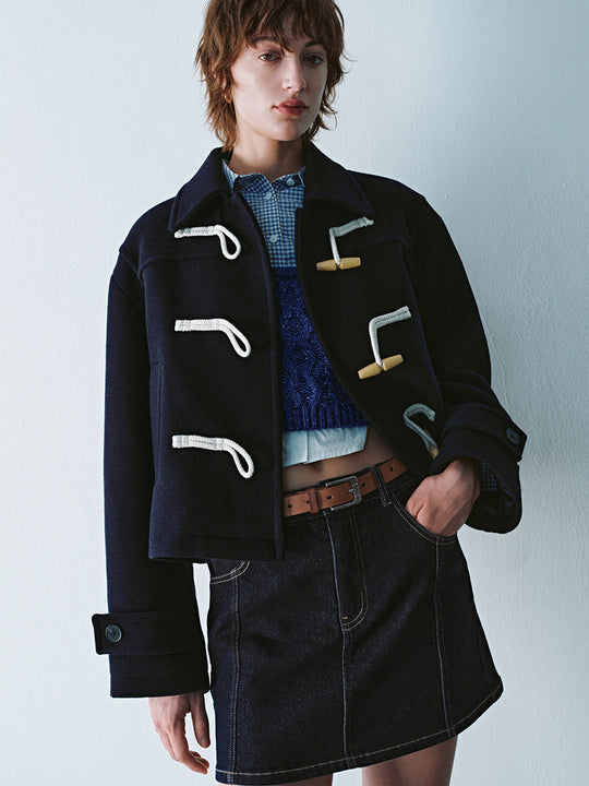 Cropped Toggle Button Loose Wool Blend Jackets