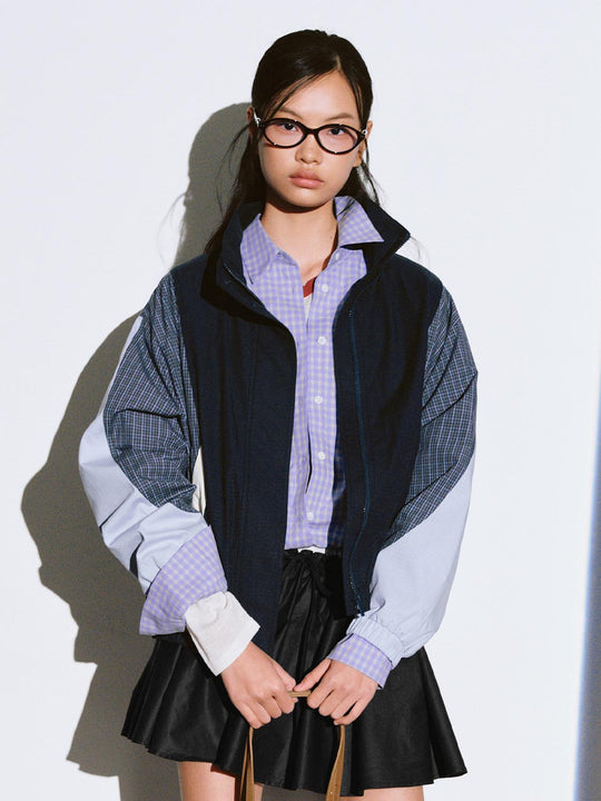 Mock Neck Contrast Check Detail Jackets