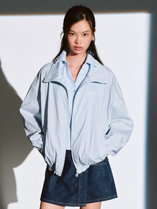 Giacca in misto cotone oversize con collo a camicia e cerniera frontale