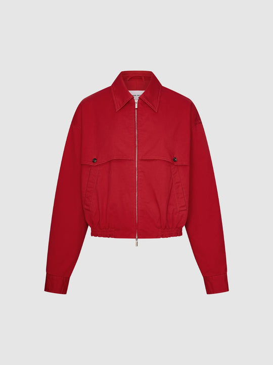 Cropped Zip Front Gathered Hem Long Sleeve Cotton Jacket
