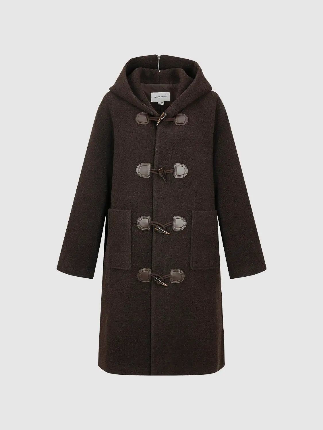 Duffle coat Urban Revivo Fashion, brown wool-blend with leather toggle closures, hood, and patch pockets