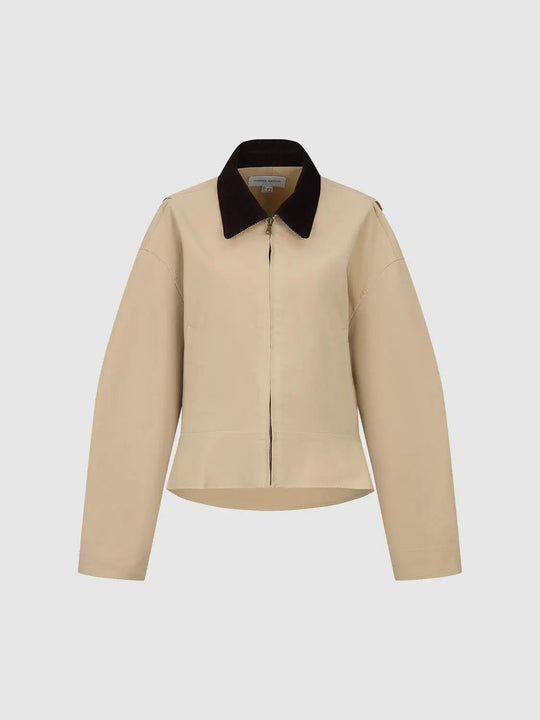 Zip Front Contrast Collar Long Sleeve Cotton Jacket